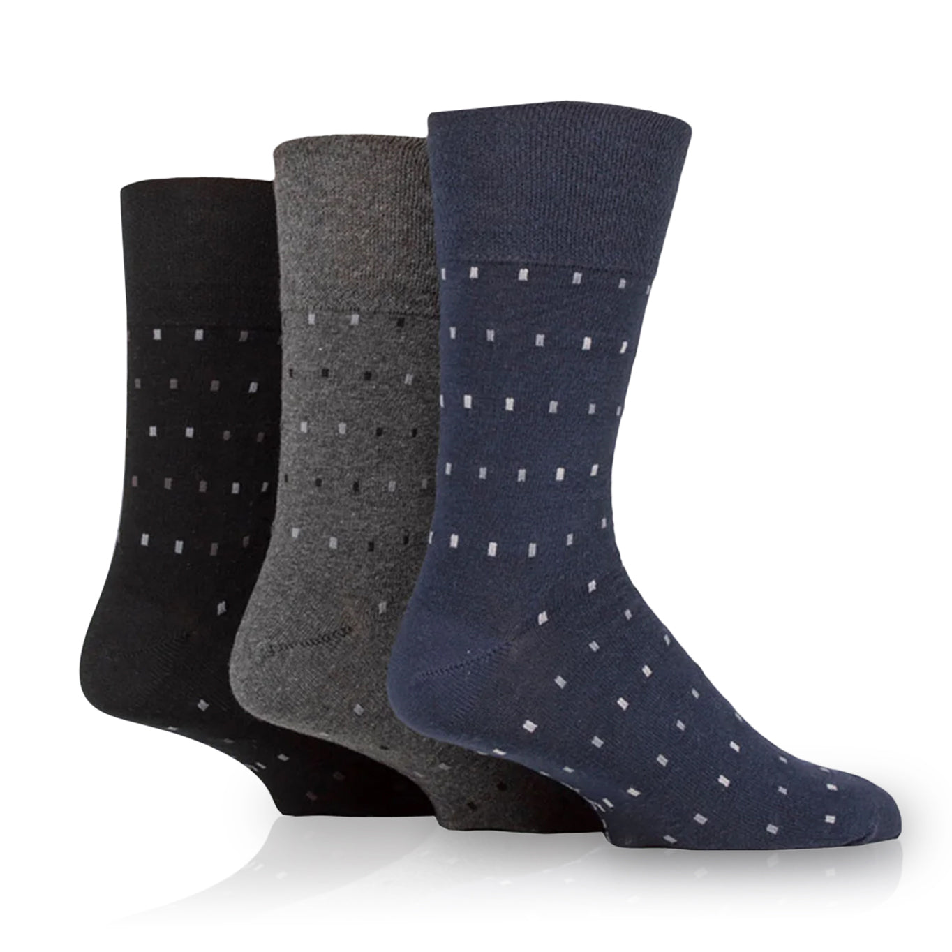 Men's 3 pack of non binding socks in black, navy and grey with dots.