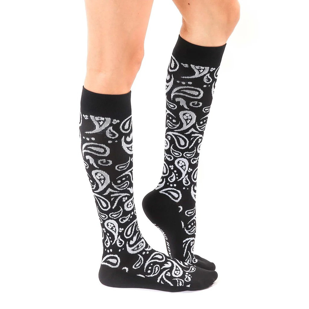 black and white bandana patterned compression socks