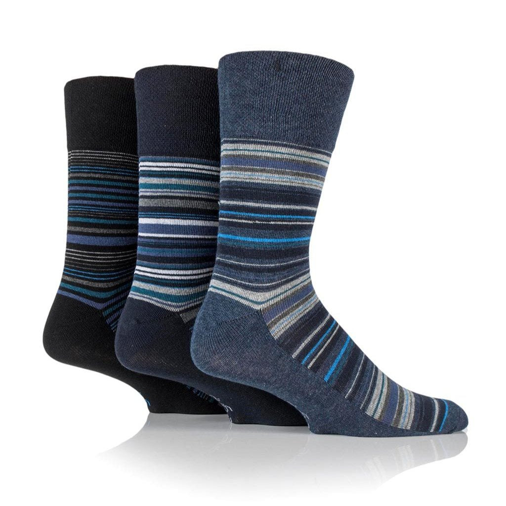 men's non binding socks with blue and black stripes